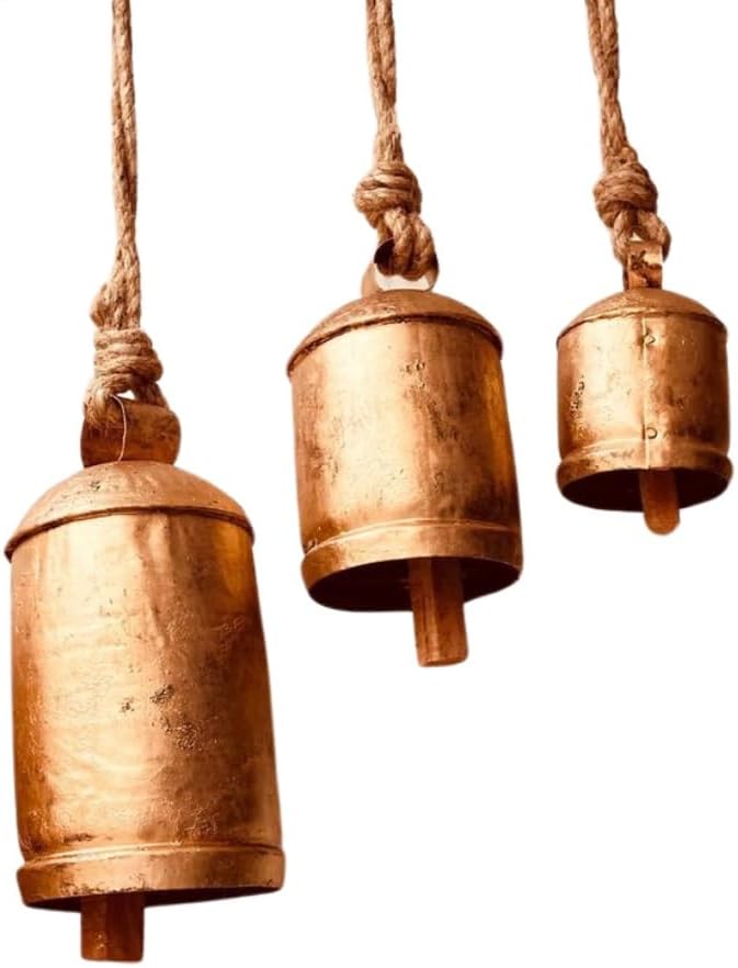 ALADEAN Rustic Harmony Cow Bells Decorative Set of 3 Christmas Bell Large Vintage Golden Cow Bell Brass Coated Country Bells Wall Hanging Cowbell Lucky Charm (3"-4"-5") - Image 5